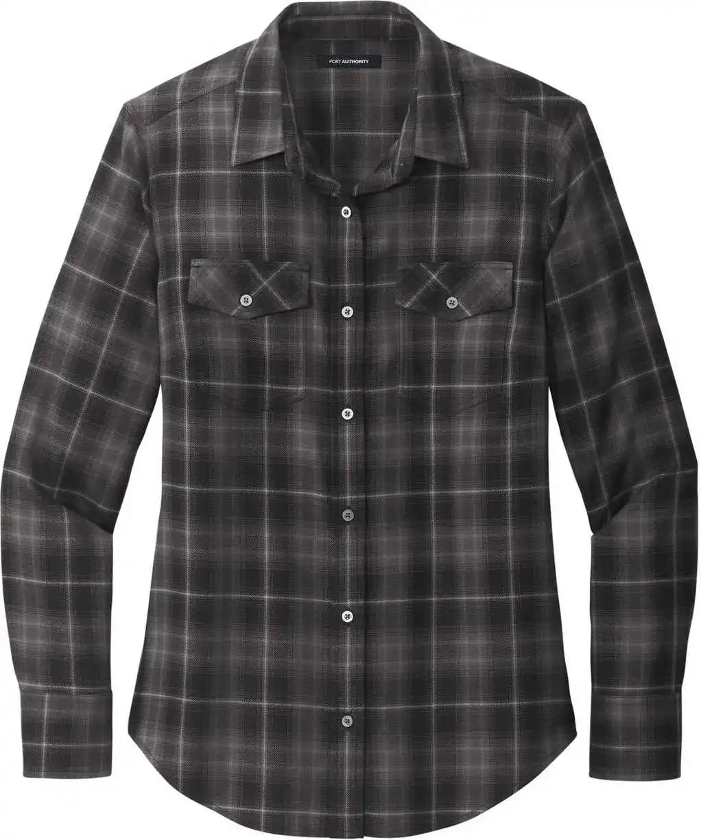 Port Authority Lw672 Ladies Long Sleeve Ombre Plaid Shirt - Deep Black