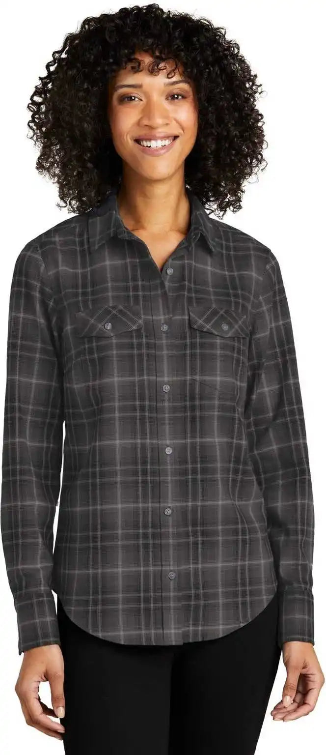 Port Authority Lw672 Ladies Long Sleeve Ombre Plaid Shirt - Deep Black