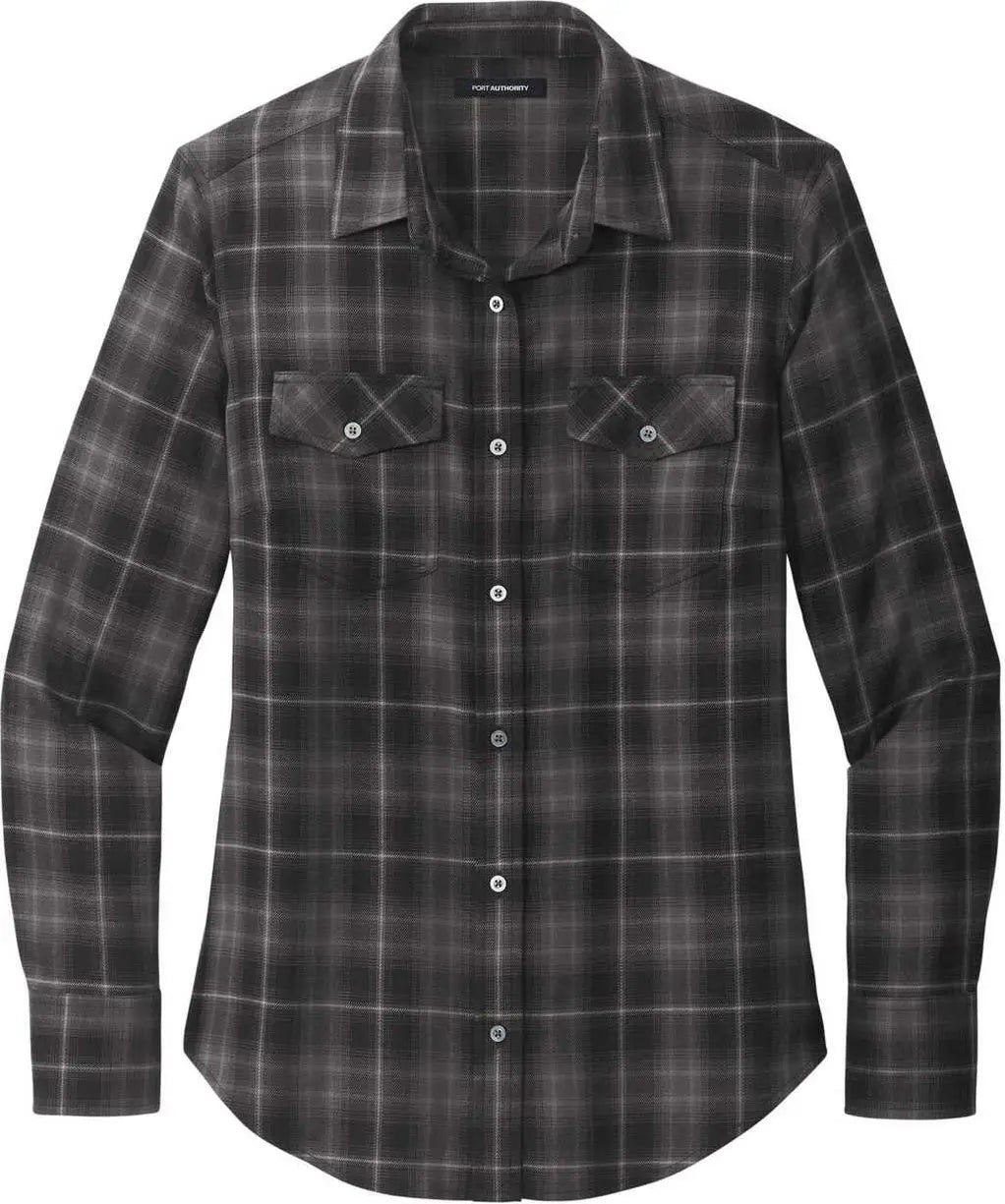 Port Authority Lw672 Ladies Long Sleeve Ombre Plaid Shirt - Deep Black