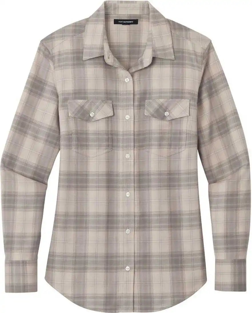 Port Authority Lw672 Ladies Long Sleeve Ombre Plaid Shirt Frost Grey