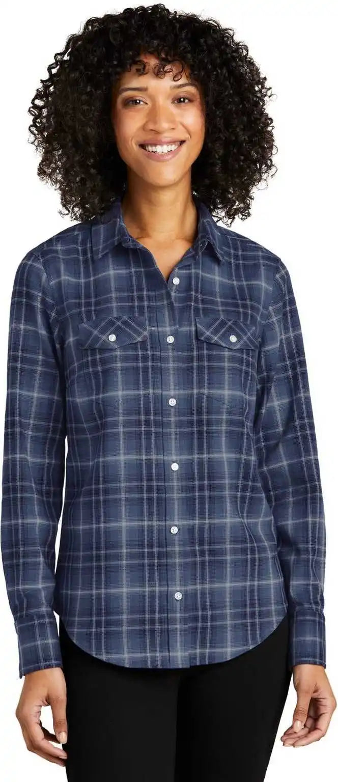 Port Authority Lw672 Ladies Long Sleeve Ombre Plaid Shirt True Navy