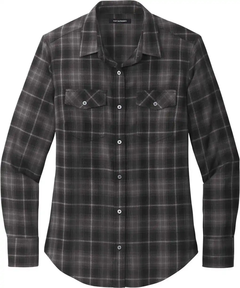 Port Authority Lw672 Women’s Long Sleeve Ombre Plaid Shirt - Deep Black