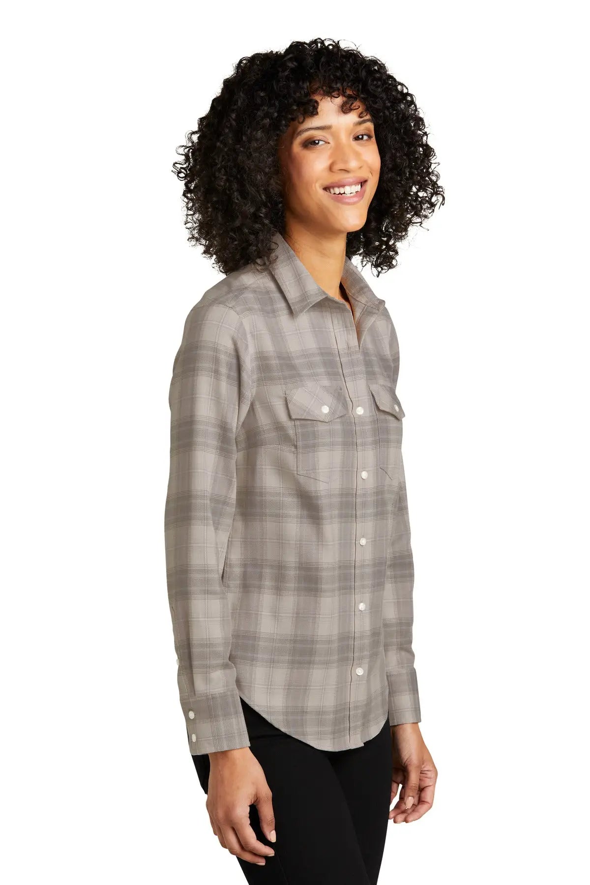 Port Authority Lw672 Women’s Long Sleeve Ombre Plaid Shirt - Frost Gray