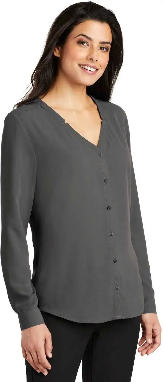 Port Authority Lw700 Ladies Long Sleeve Button-front Blouse - Sterling Gray
