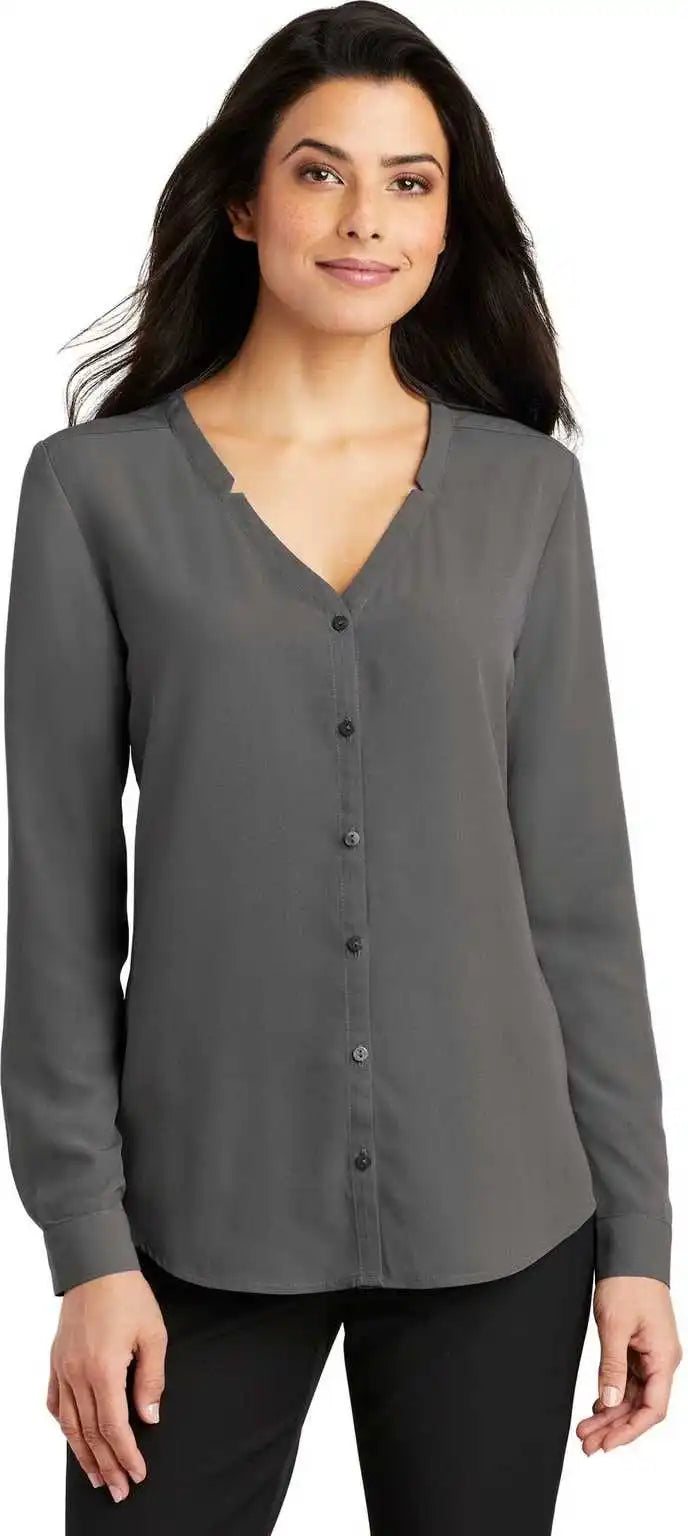 Port Authority Lw700 Ladies Long Sleeve Button-front Blouse - Sterling Gray