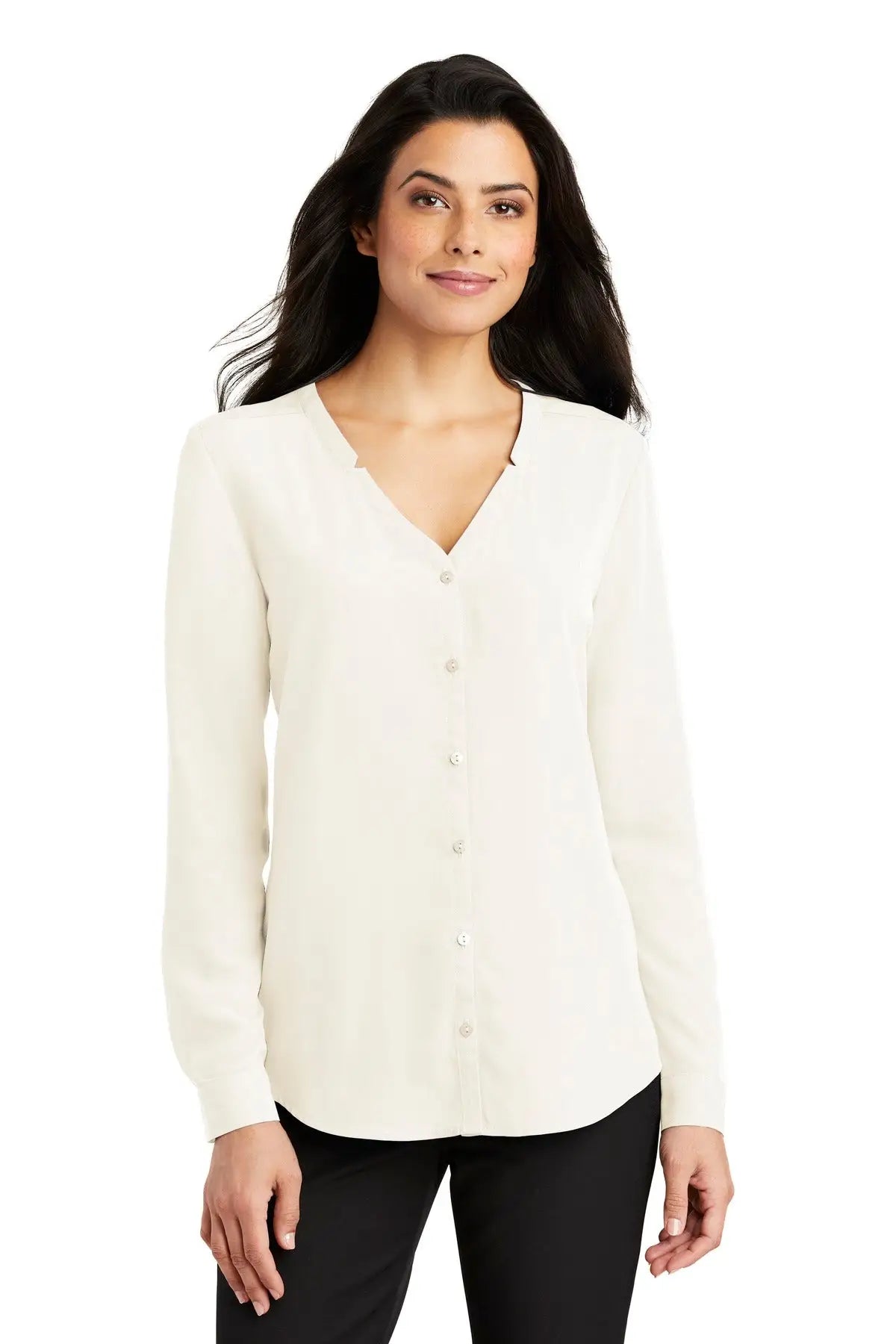 Port Authority Lw700 Women’s Long Sleeve Button-front Blouse - Ivory Chiffon - Ladies Xs