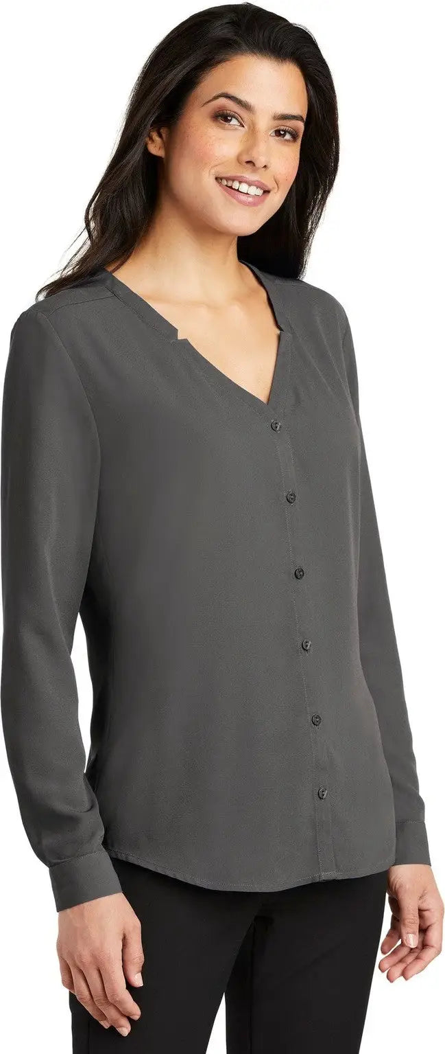 Port Authority Lw700 Women’s Long Sleeve Button-front Blouse - Sterling Gray