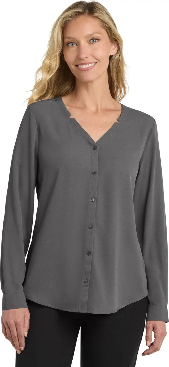 Port Authority Lw700 Women’s Long Sleeve Button-front Blouse - Sterling Gray