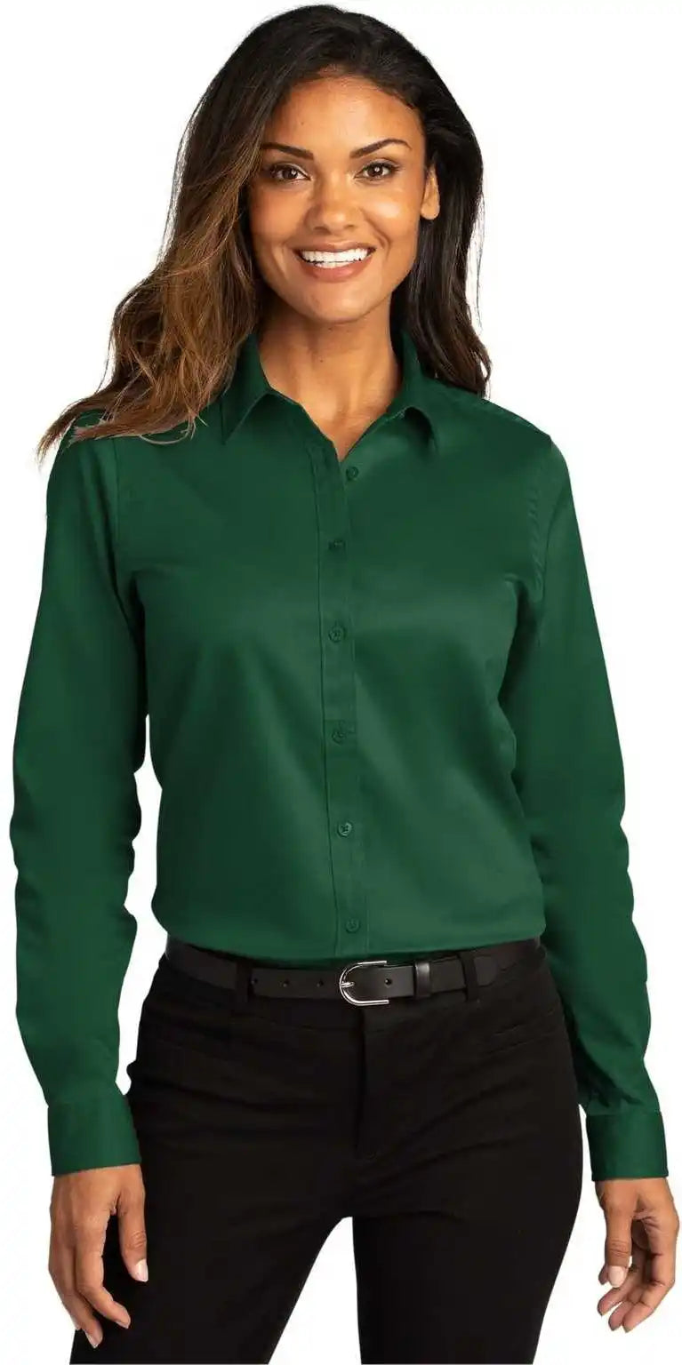 Port Authority Lw808 Ladies Long Sleeve Superpro React Twill Shirt Dark Green