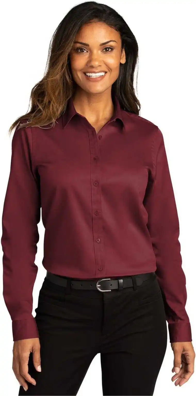 Port Authority Lw808 Ladies Long Sleeve Superpro React Twill Shirt Burgundy
