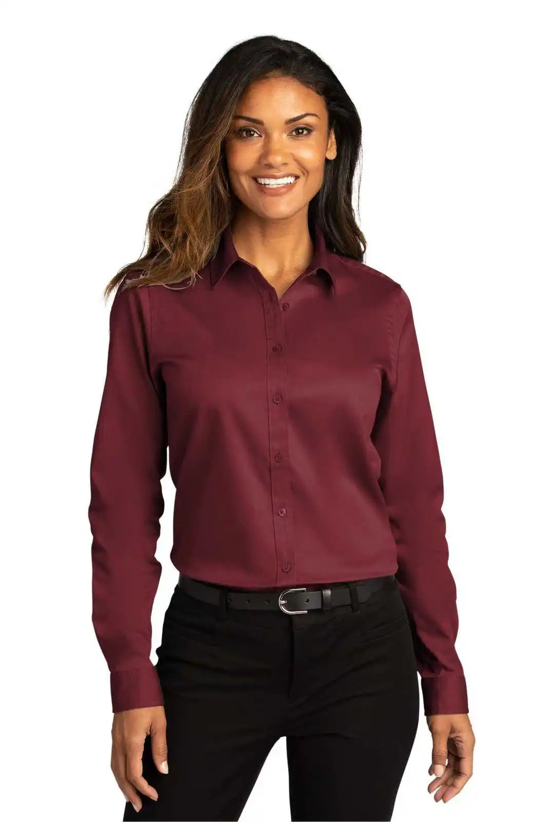 Port Authority Lw808 Women’s Long Sleeve Superpro React Twill Shirt - Burgundy