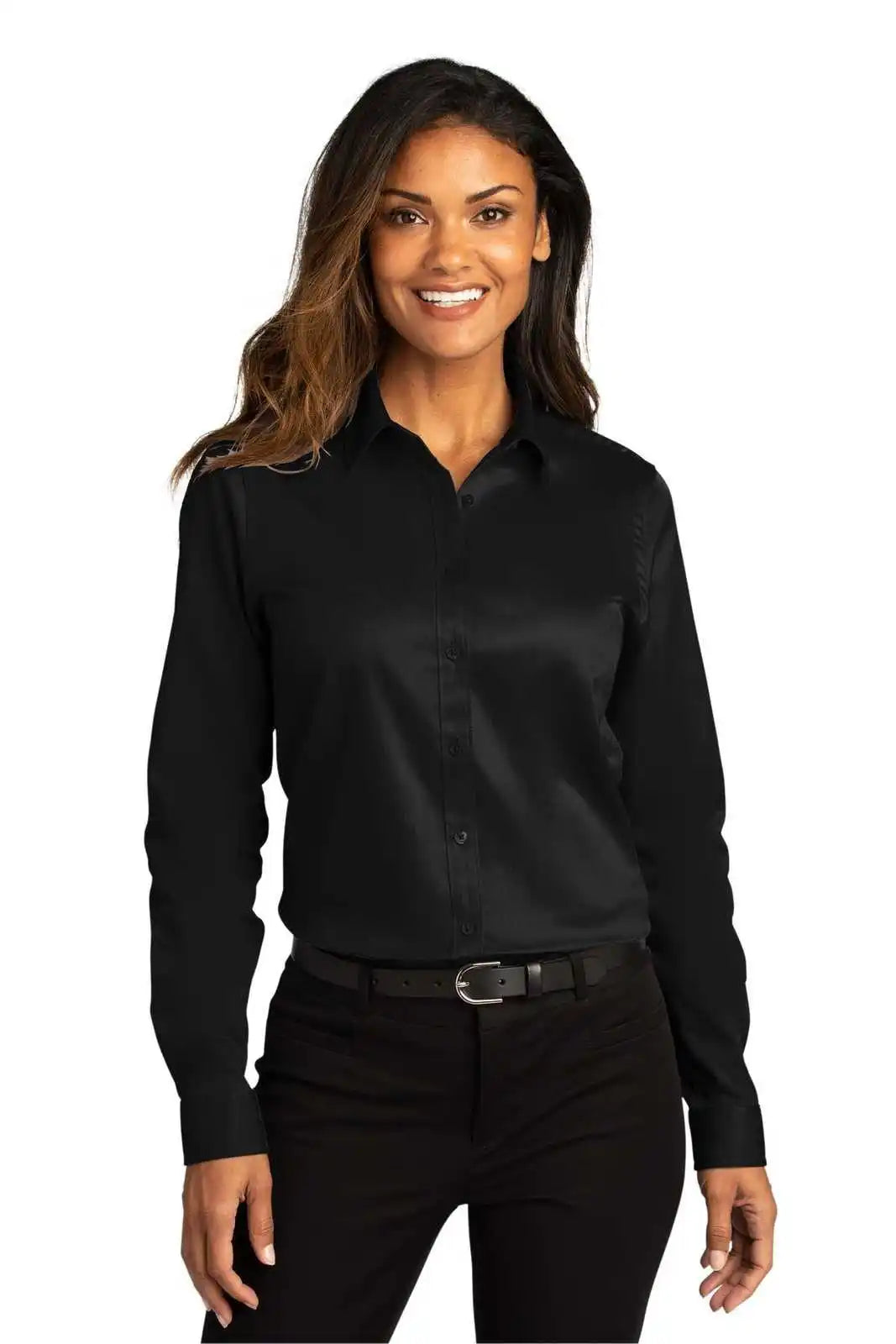 Port Authority Lw808 Women’s Long Sleeve Superpro React Twill Shirt - Deep Black