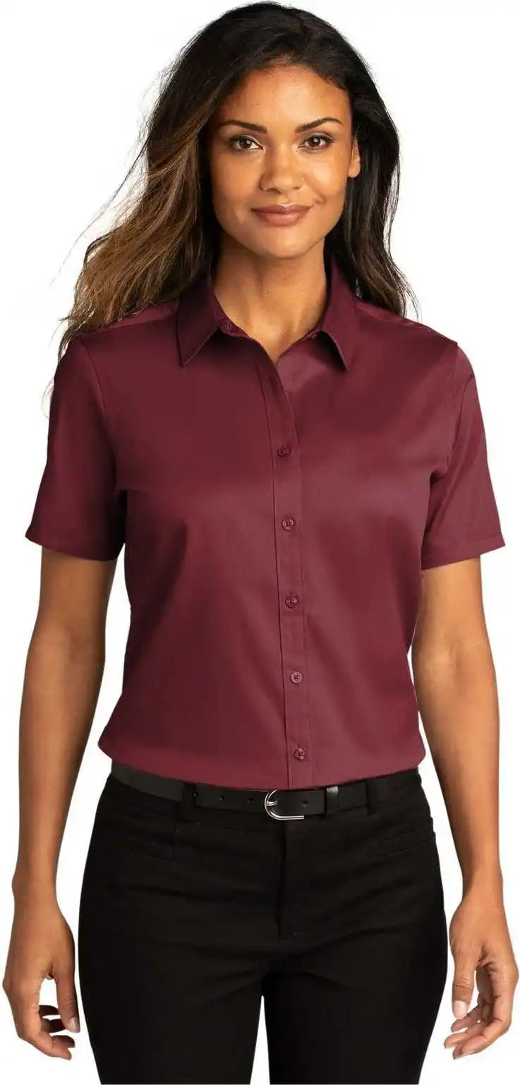 Port Authority Lw809 Ladies Long Sleeve Superpro React Twill Shirt Burgundy