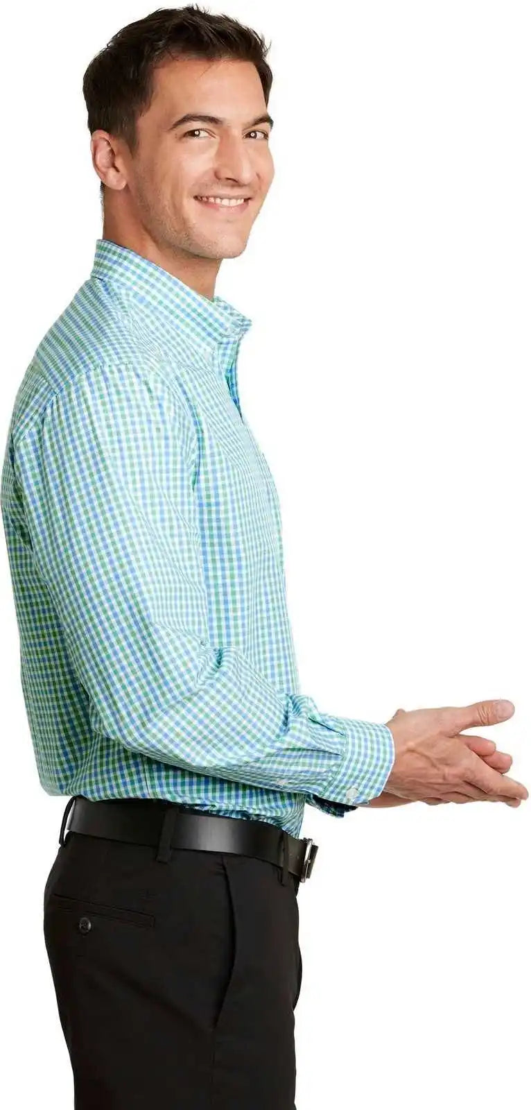 Port Authority S654 Long Sleeve Gingham Easy Care Shirt Green Aqua
