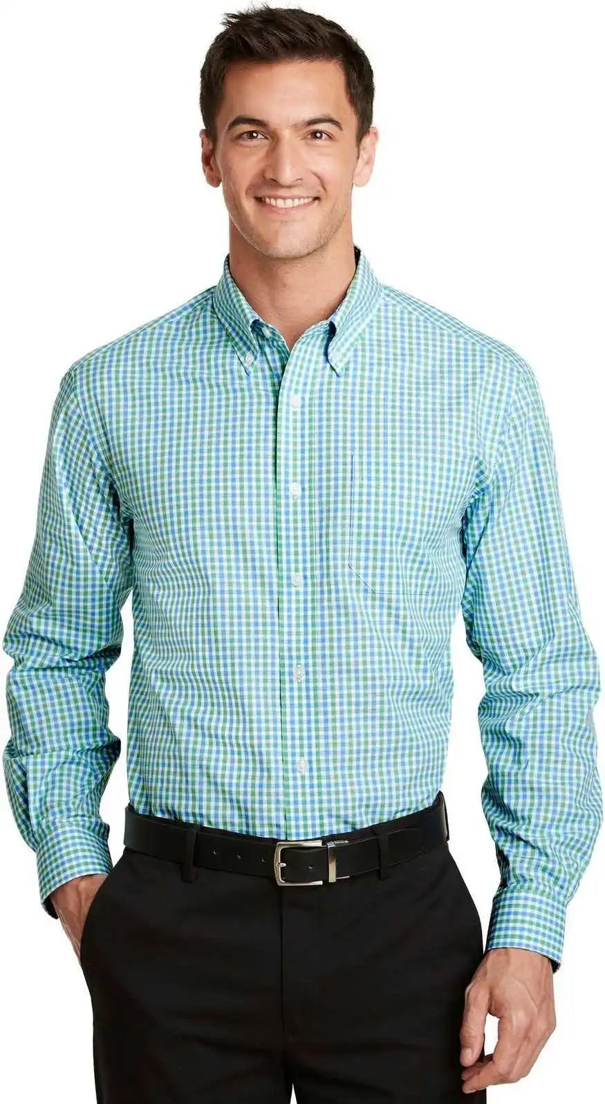 Port Authority S654 Long Sleeve Gingham Easy Care Shirt - Green Aqua