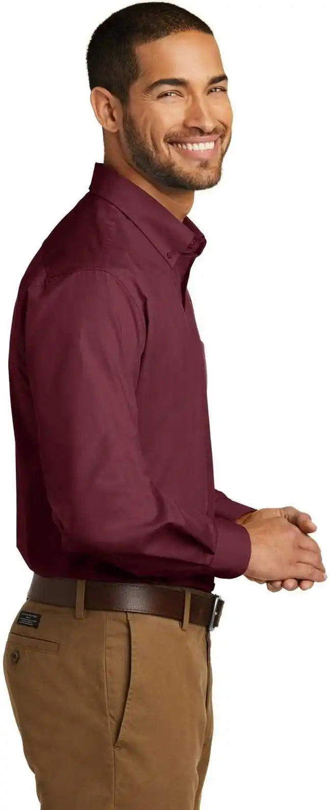 Port Authority W100 Long Sleeve Carefree Poplin Shirt Burgundy