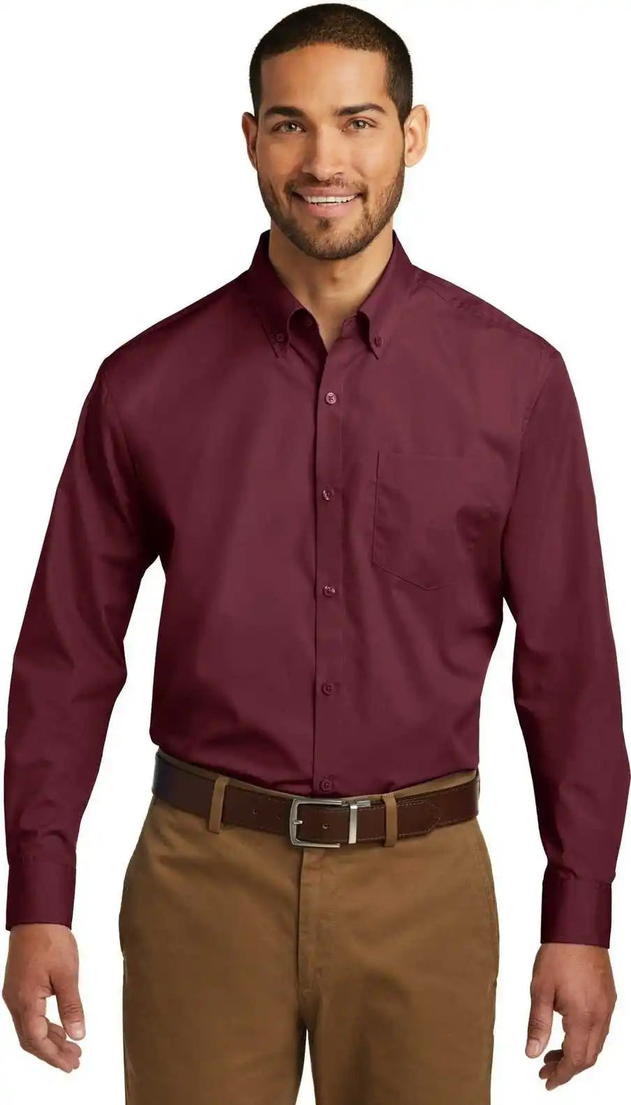 Port Authority W100 Long Sleeve Carefree Poplin Shirt - Burgundy