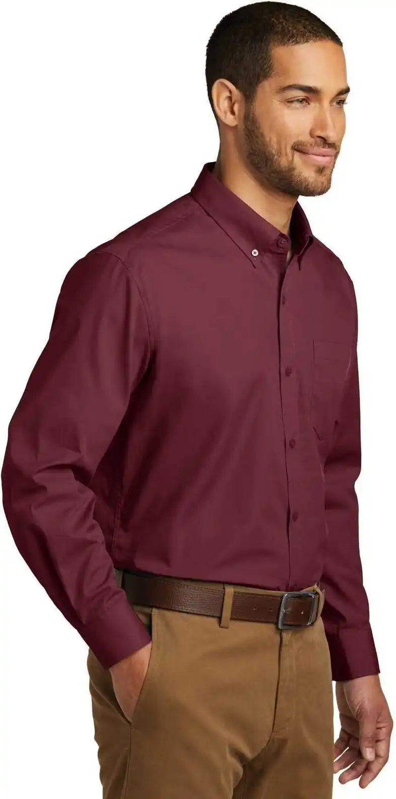 Port Authority W100 Long Sleeve Carefree Poplin Shirt Burgundy