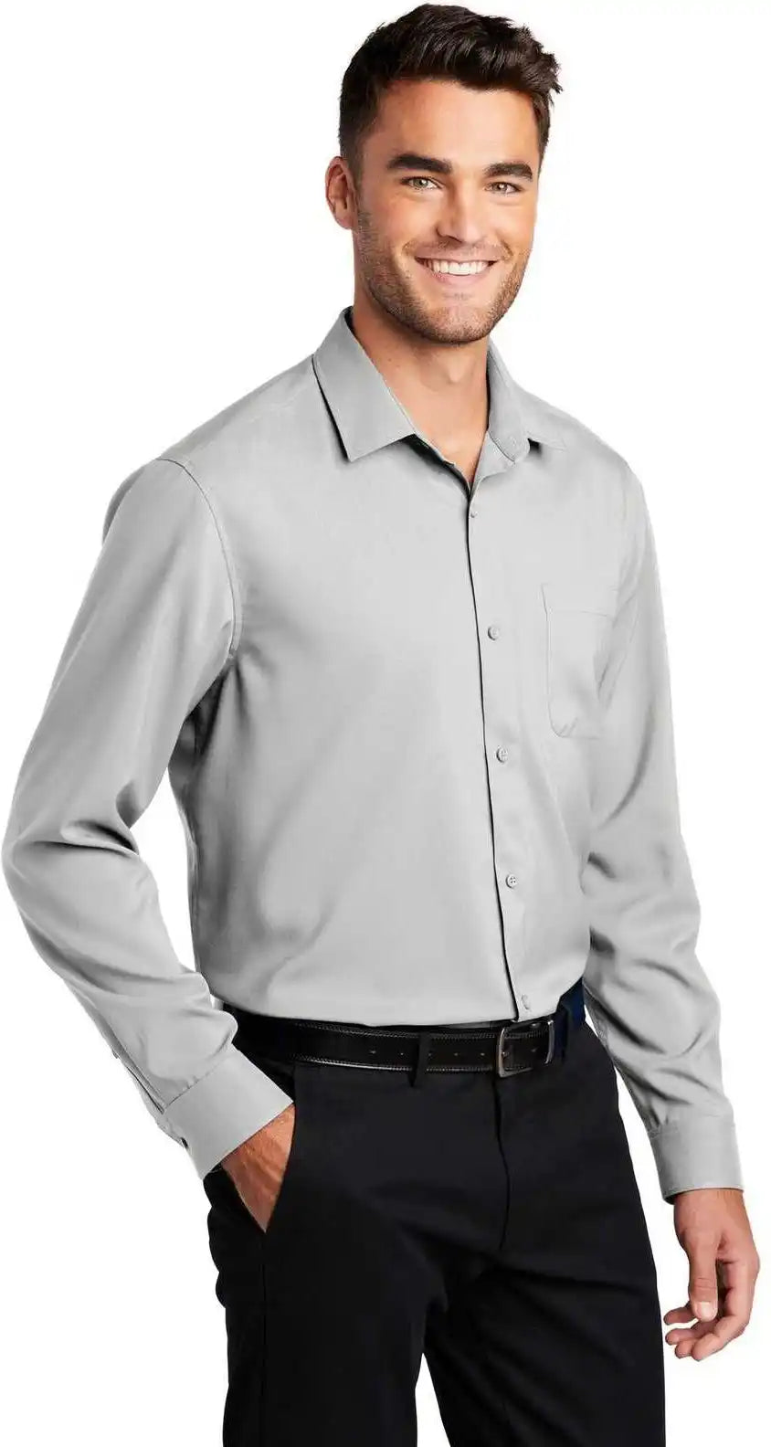 Port Authority W401 Long Sleeve Performance Staff Shirt - Silver