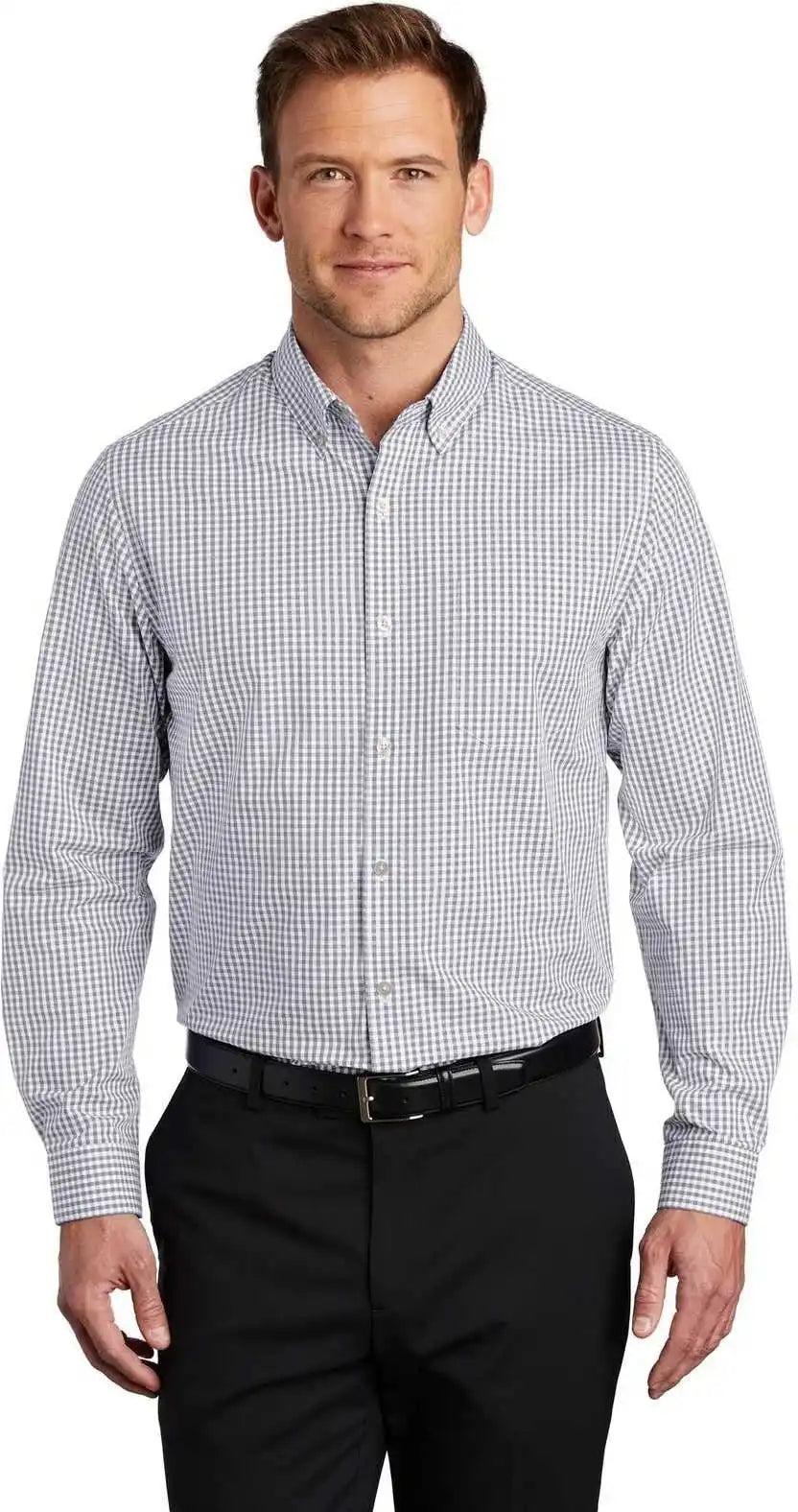 Port Authority W644 Broadcloth Gingham Easy Care Shirt - Gusty Gray White