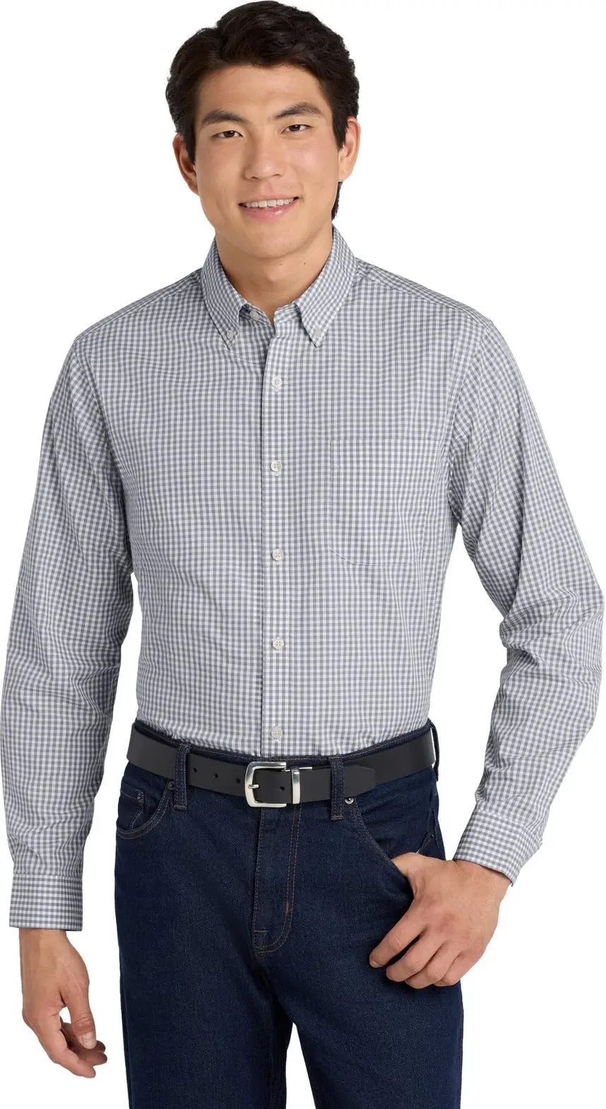 Port Authority W644 Broadcloth Gingham Easy Care Shirt - Gusty Gray White