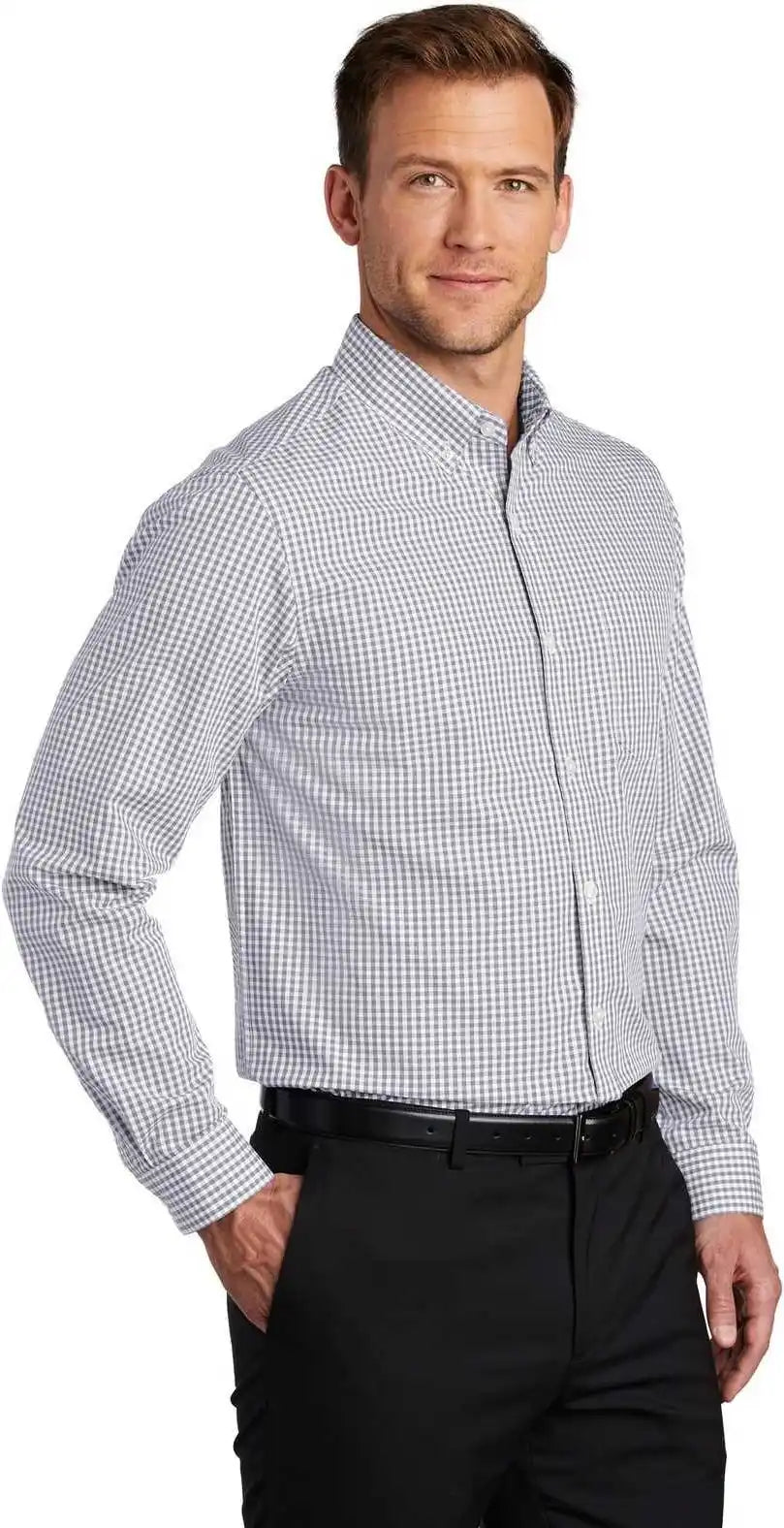 Port Authority W644 Broadcloth Gingham Easy Care Shirt Gusty Gray White