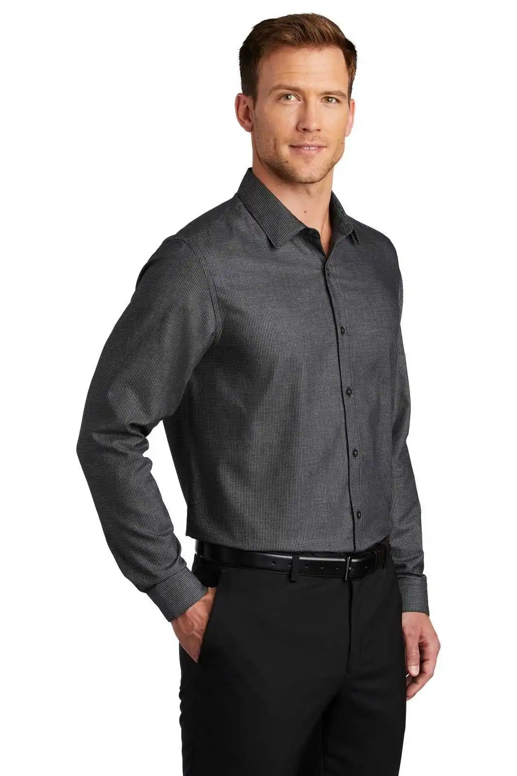 Port Authority W645 Pincheck Easy Care Shirt - Black Gray Steel