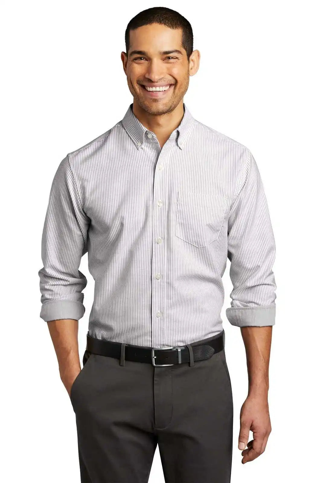 Port Authority W657 Superpro Oxford Stripe Shirt - Gusty Gray/ White