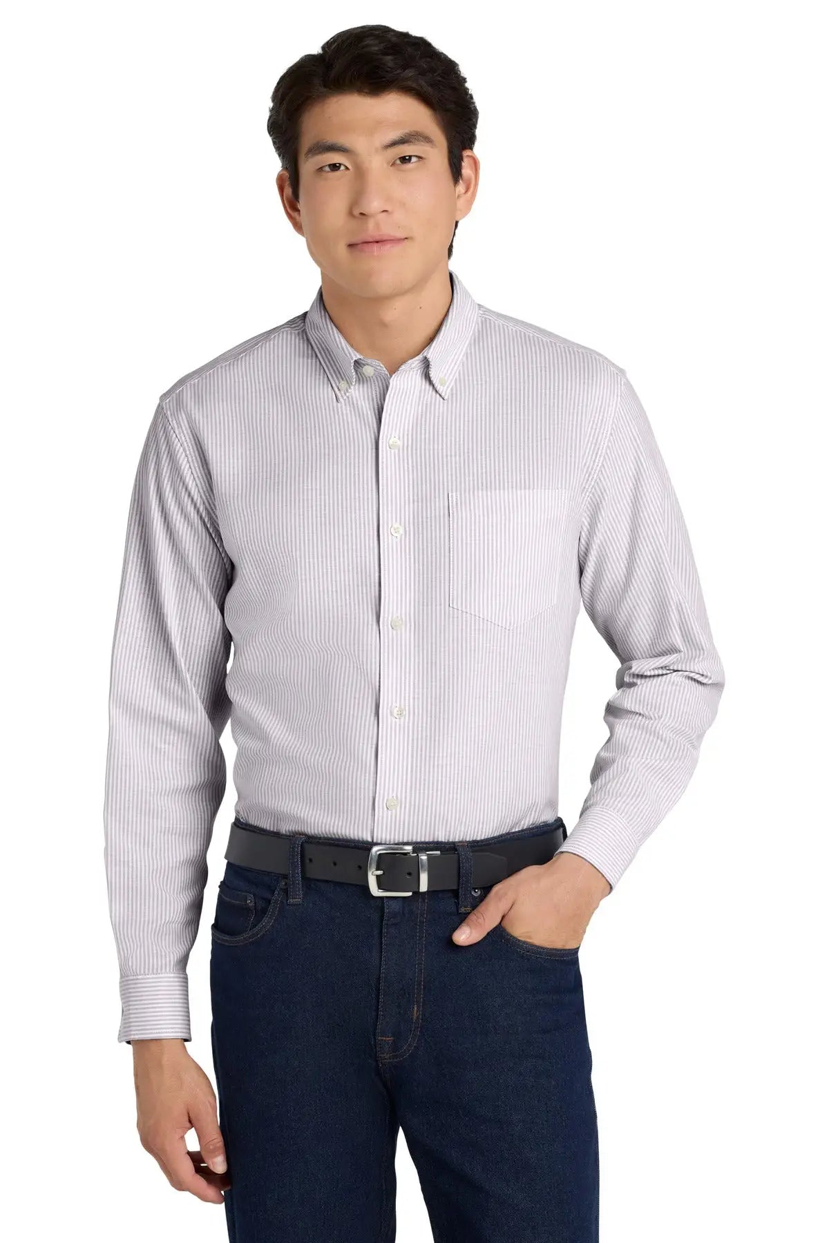 Port Authority W657 Superpro Oxford Stripe Shirt - Gusty Gray White