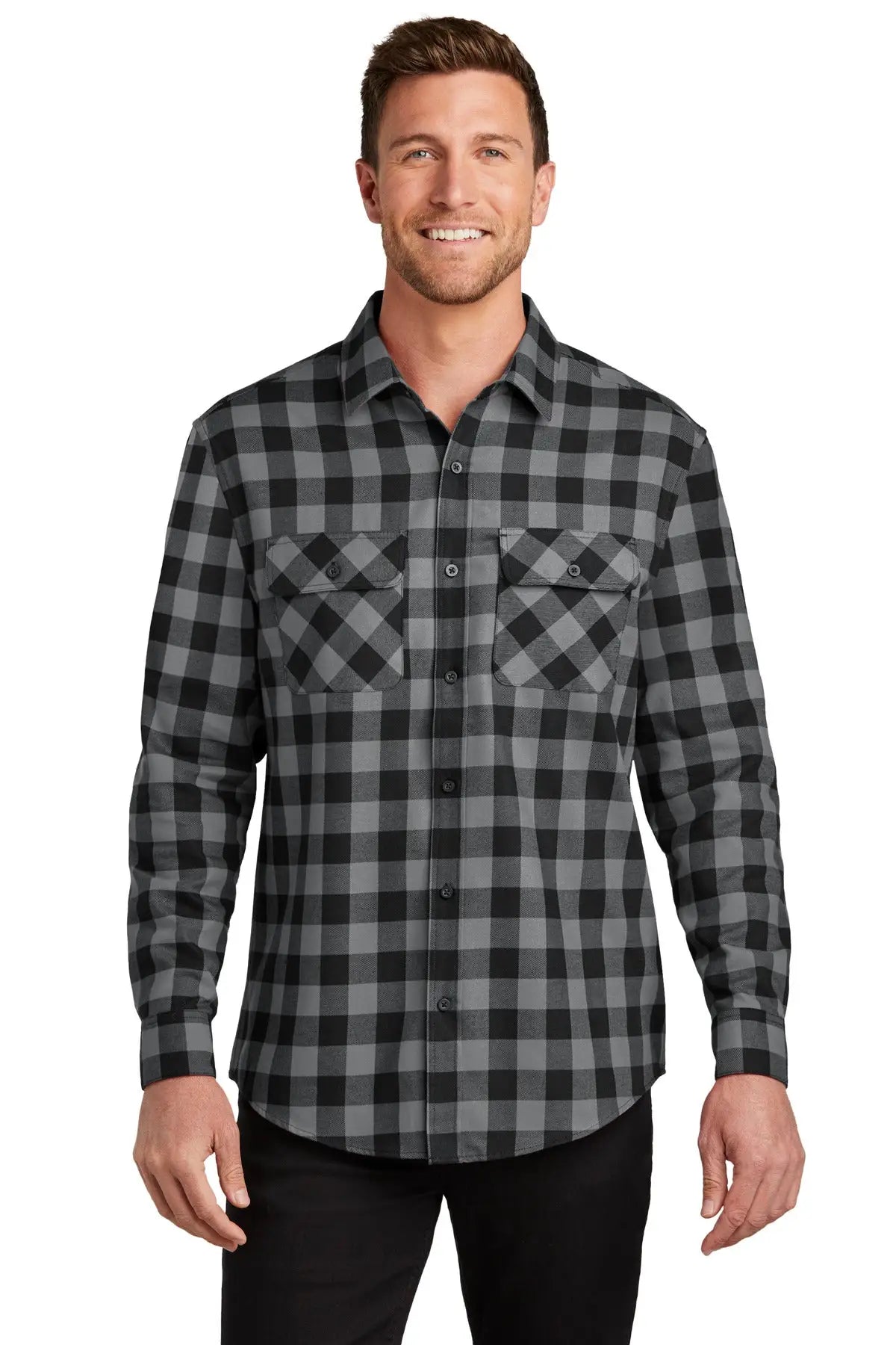 Port Authority W668 Plaid Flannel Shirt - Gray Black Buffalo Check