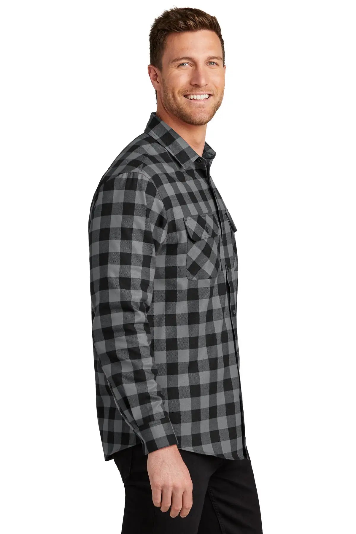 Port Authority W668 Plaid Flannel Shirt - Gray Black Buffalo Check
