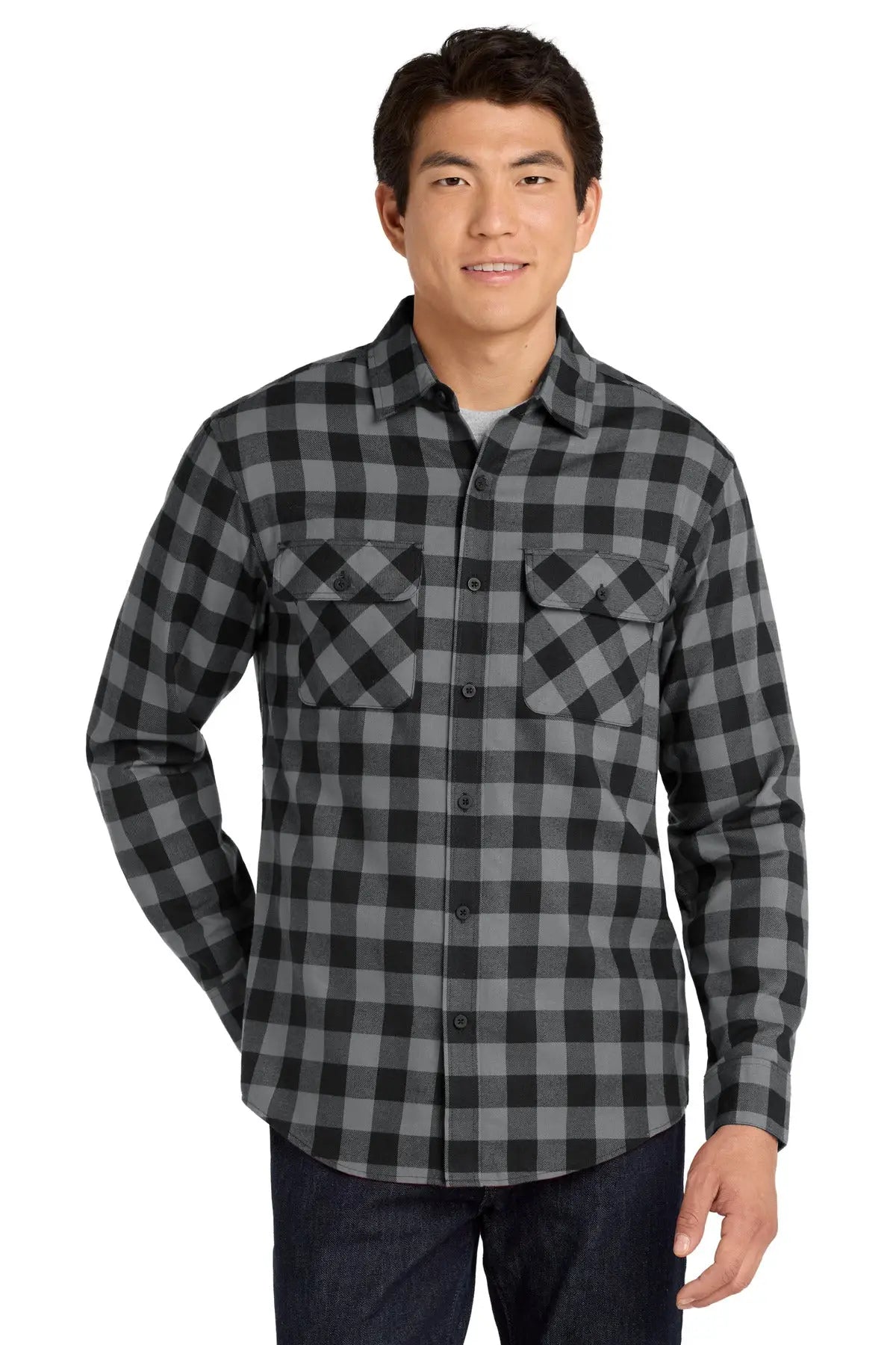 Port Authority W668 Plaid Flannel Shirt - Gray Black Buffalo Check