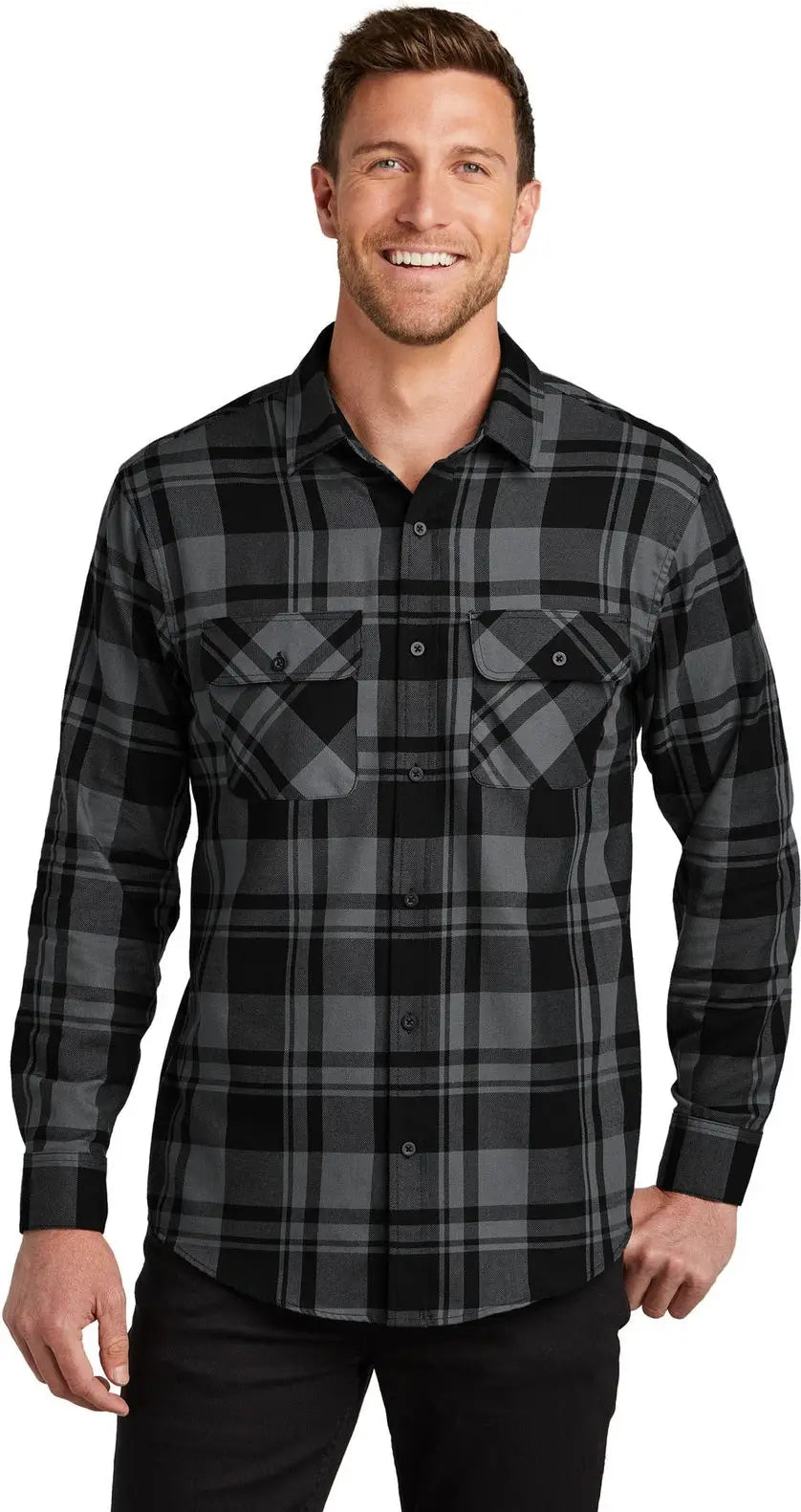 Port Authority W668 Plaid Flannel Shirt - Gray Black - Gray/ / Adult Xs