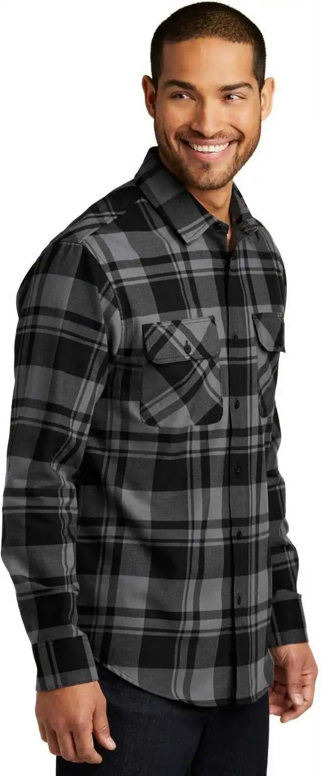 Port Authority W668 Plaid Flannel Shirt Gray Black