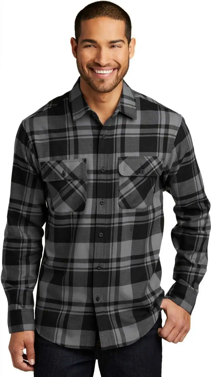Port Authority W668 Plaid Flannel Shirt Gray Black