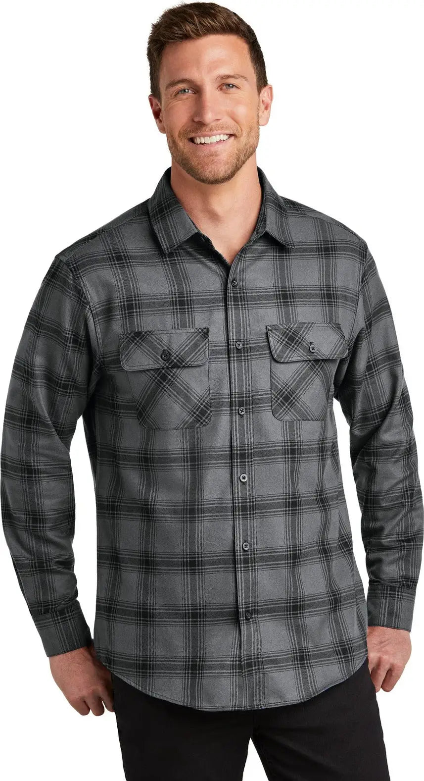 Port Authority W668 Plaid Flannel Shirt - Gray Black Open
