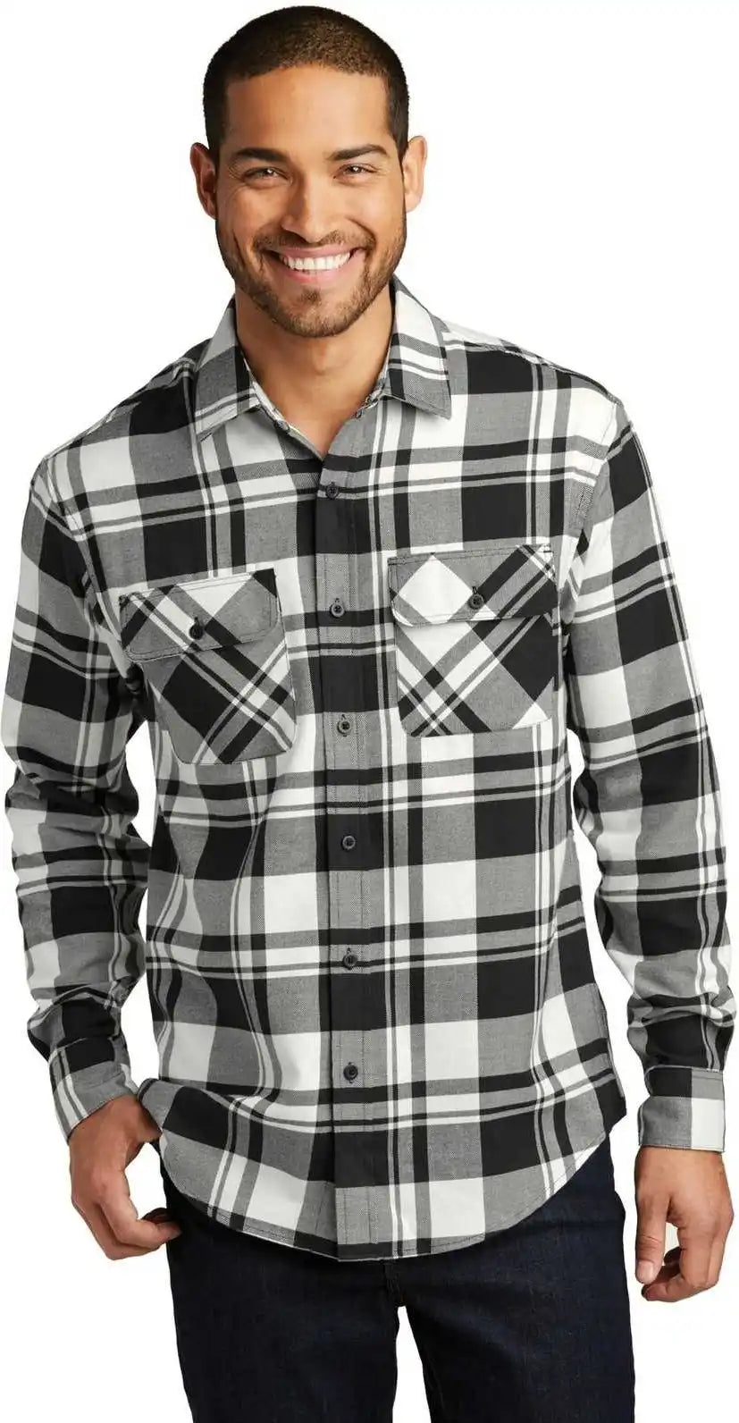 Port Authority W668 Plaid Flannel Shirt Snow White Black