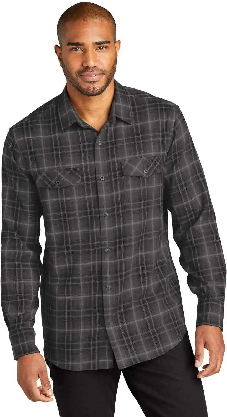 Port Authority W672 Long Sleeve Ombre Plaid Shirt Deep Black