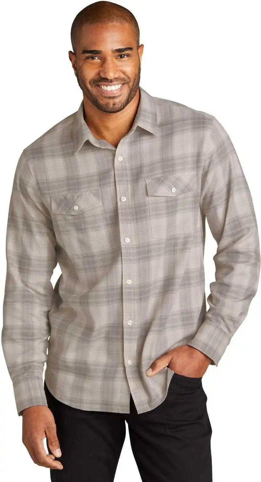 Port Authority W672 Long Sleeve Ombre Plaid Shirt Frost Grey