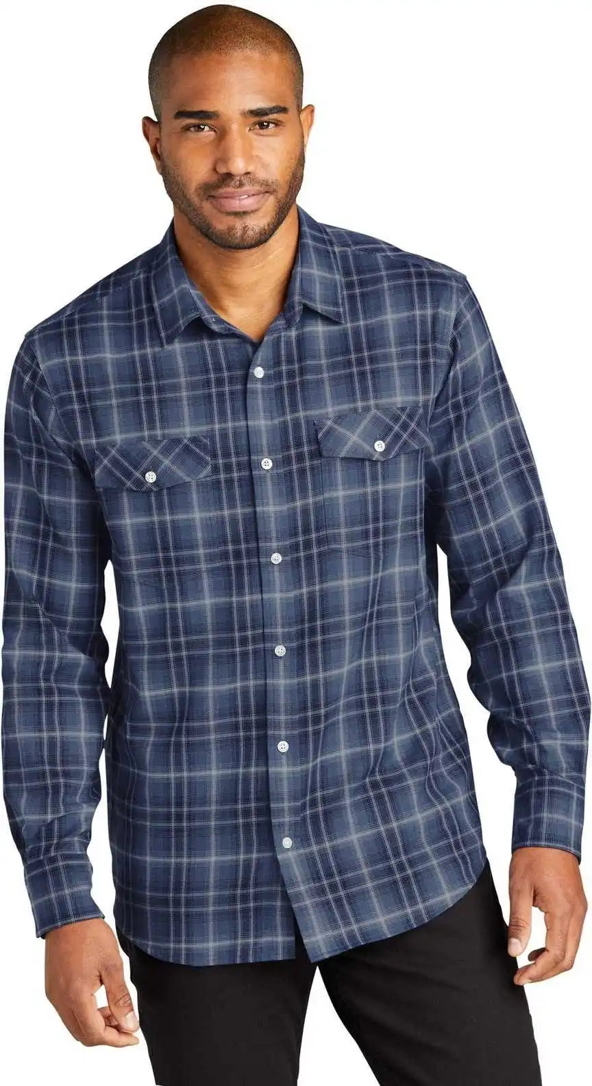 Port Authority W672 Long Sleeve Ombre Plaid Shirt True Navy
