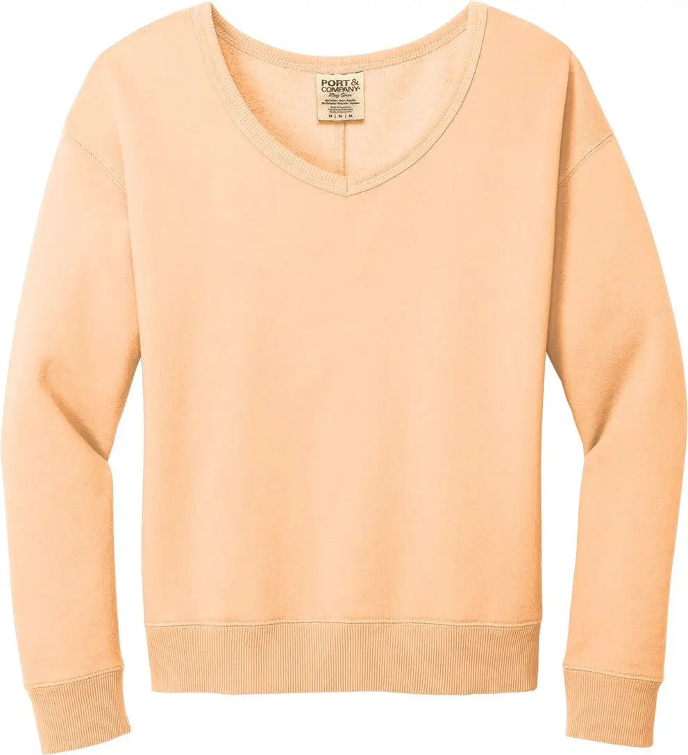 Port & Company Lpc098v co Women’s Beach Wash Garment-dyed V-neck Sweatshirt - Peach