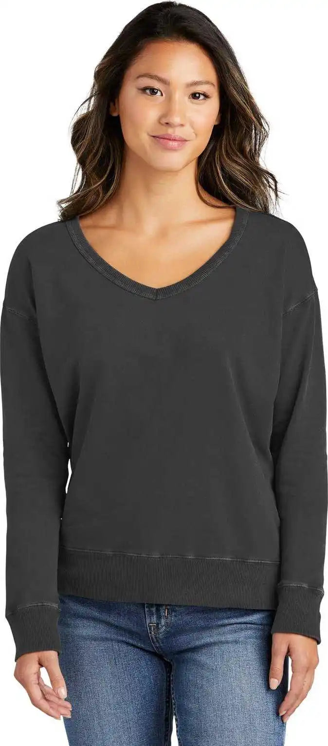 Port &amp; Company Lpc098v Ladies Beach Wash Garment Dyed v Neck Sweatshirt Coal