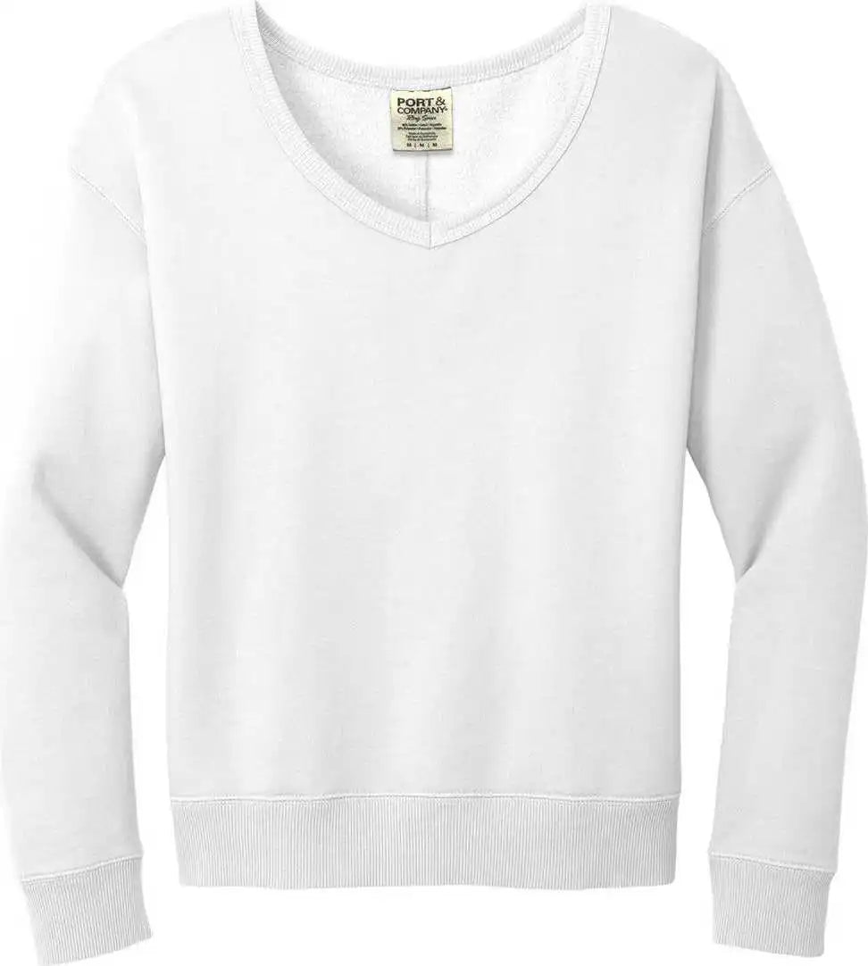 Port &amp; Company Lpc098v Ladies Beach Wash Garment-dyed V-neck Sweatshirt - White