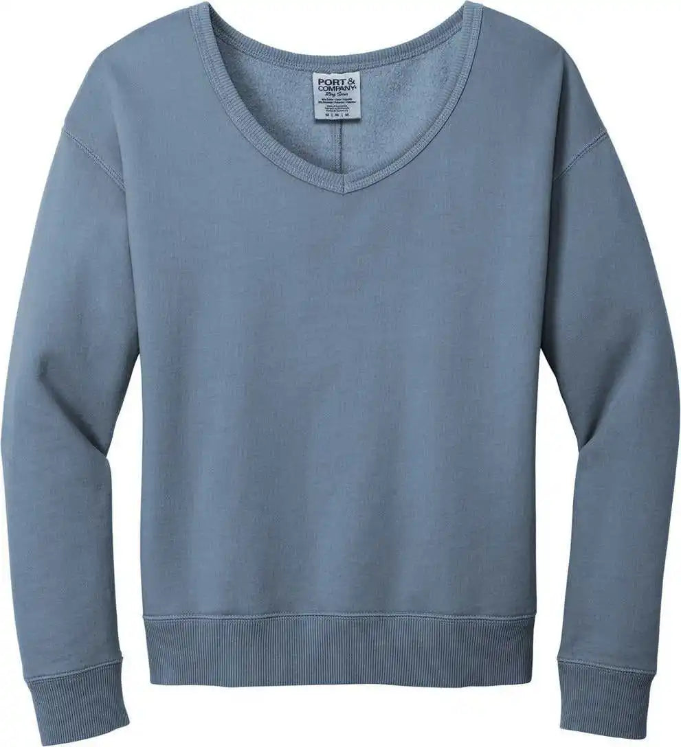 Port &amp; Company Lpc098v Women’s Beach Wash Garment-dyed V-neck Sweatshirt - Fadeddenim