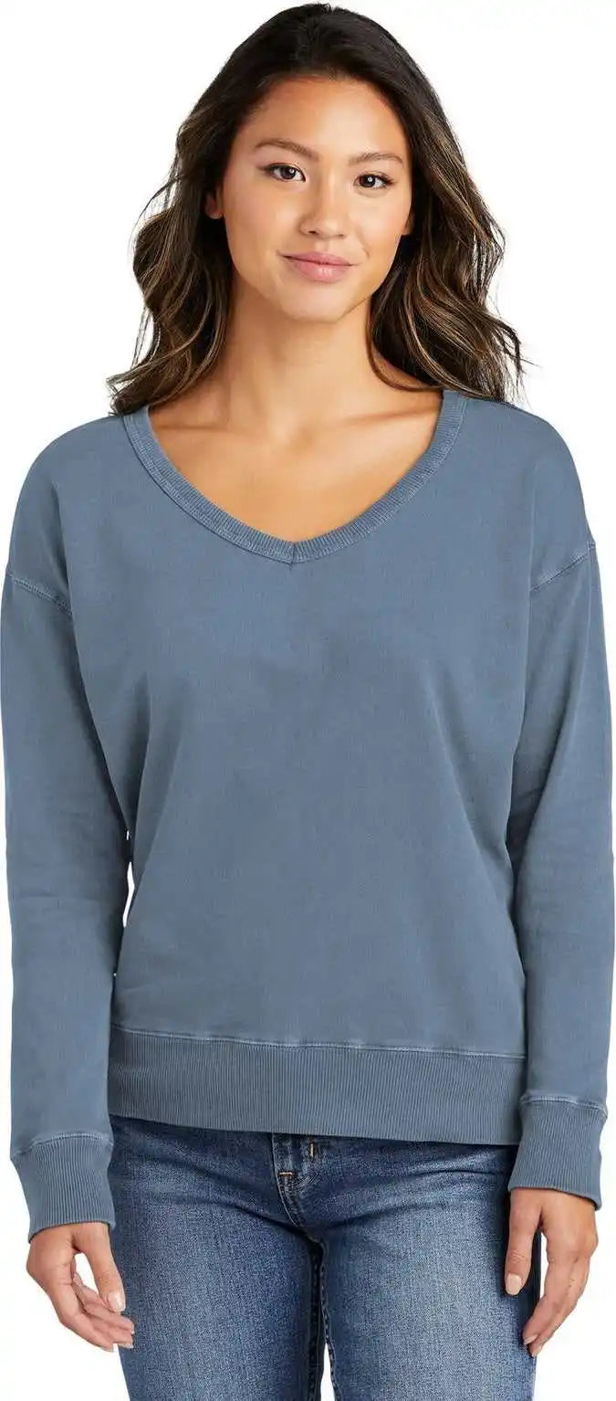 Port &amp; Company Lpc098v Women’s Beach Wash Garment-dyed V-neck Sweatshirt - Fadeddenim