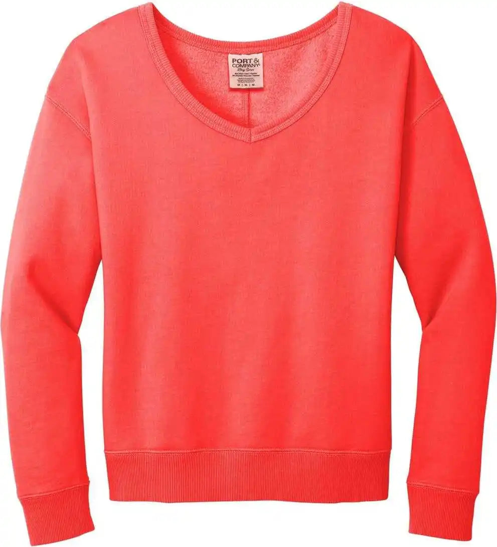 Port & Company Lpc098v Women’s Beach Wash Garment-dyed V-neck Sweatshirt - Poppy