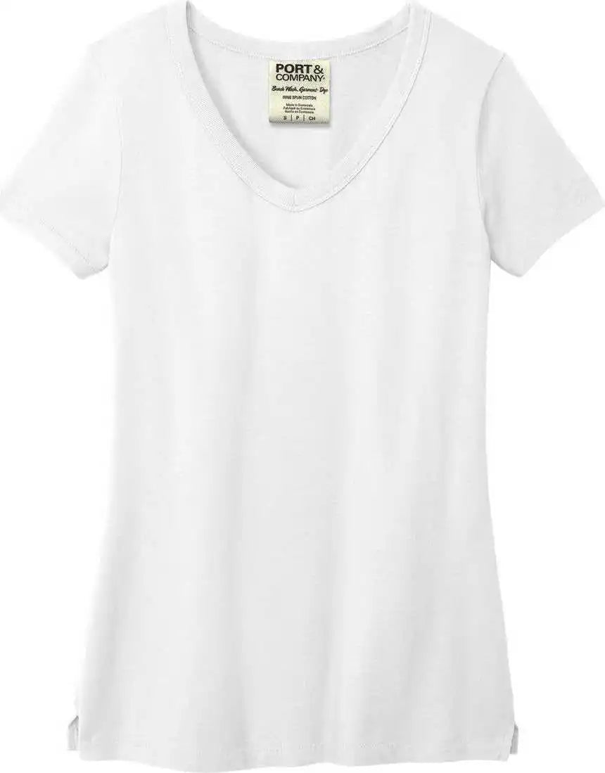 Port &amp; Company Lpc099v Ladies Beach Wash Garment-dyed V-neck Tee - White