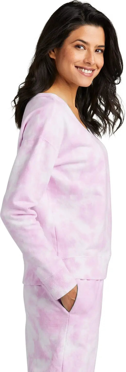 Port & Company Lpc140v co Women’s Beach Wash Cloud Tie-dye V-neck Sweatshirt - Cerise Pink