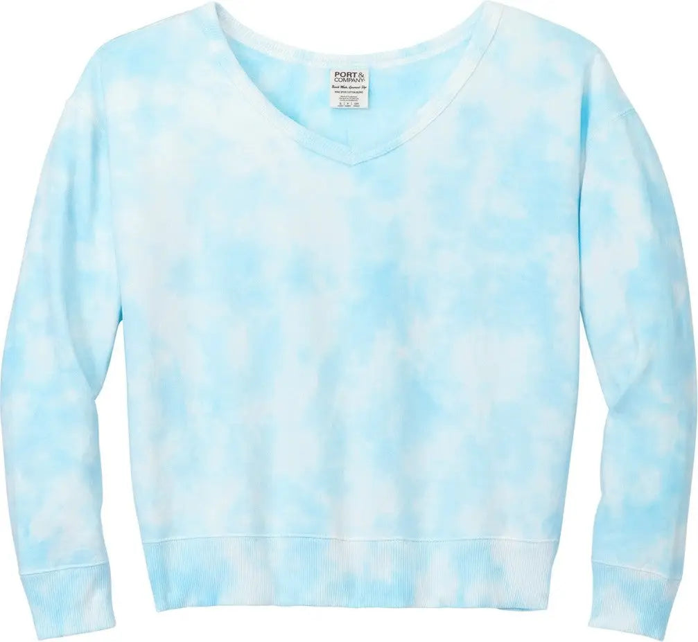 Port & Company Lpc140v co Women’s Beach Wash Cloud Tie-dye V-neck Sweatshirt - Glacier