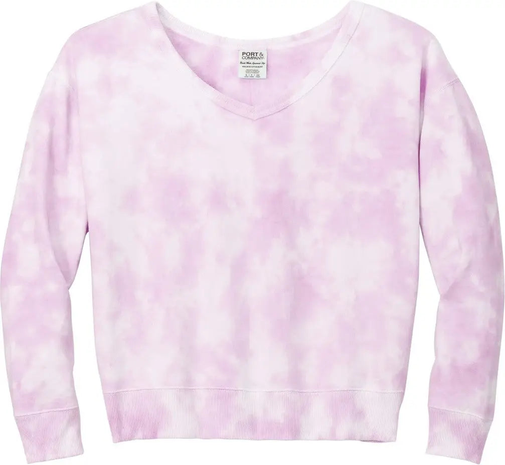 Port & Company Lpc140v co Women’s Beach Wash Cloud Tie-dye V-neck Sweatshirt - Cerise Pink